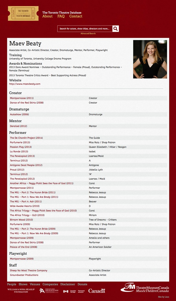 The Toronto Theatre Database person page